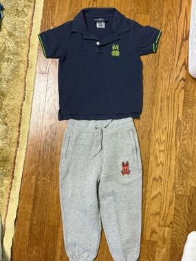 Psycho Bunny Kids Navy Polo with Neon Green Trim & Gray Joggers